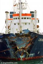 ID 951 CIBONEY (1978/1933grt/IMO 7631626, ex-LIPSK N/BIEBRZA, NOR. Renamed SEAWAY, PACIFICA 1 then VIVA in 2011), Southampton, England, showing damage sustained in a collision in the English Channel.